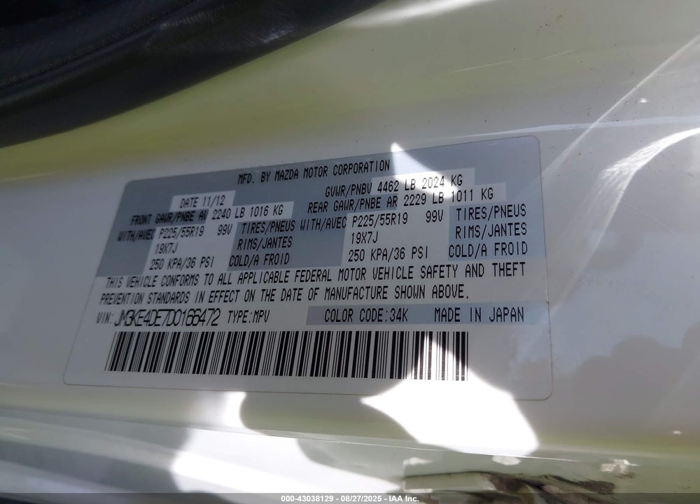 2013 MAZDA CX-5 GRAND TOURING VIN: JM3KE4DE7D0166472