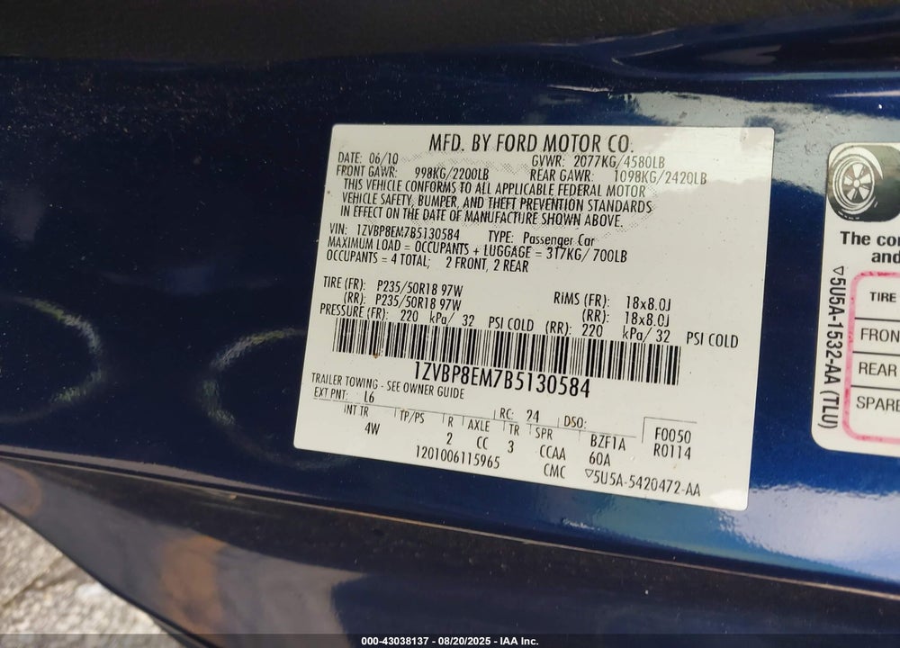 2011 FORD MUSTANG VIN: 1ZVBP8EM7B5130584