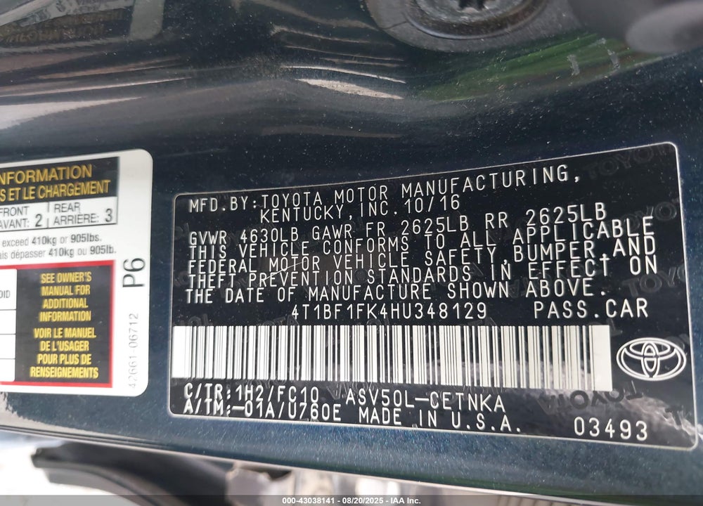 2017 TOYOTA CAMRY VIN: 4T1BF1FK4HU348129