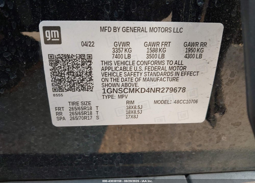 2022 CHEVROLET TAHOE VIN: 1GNSCMKD4NR279678