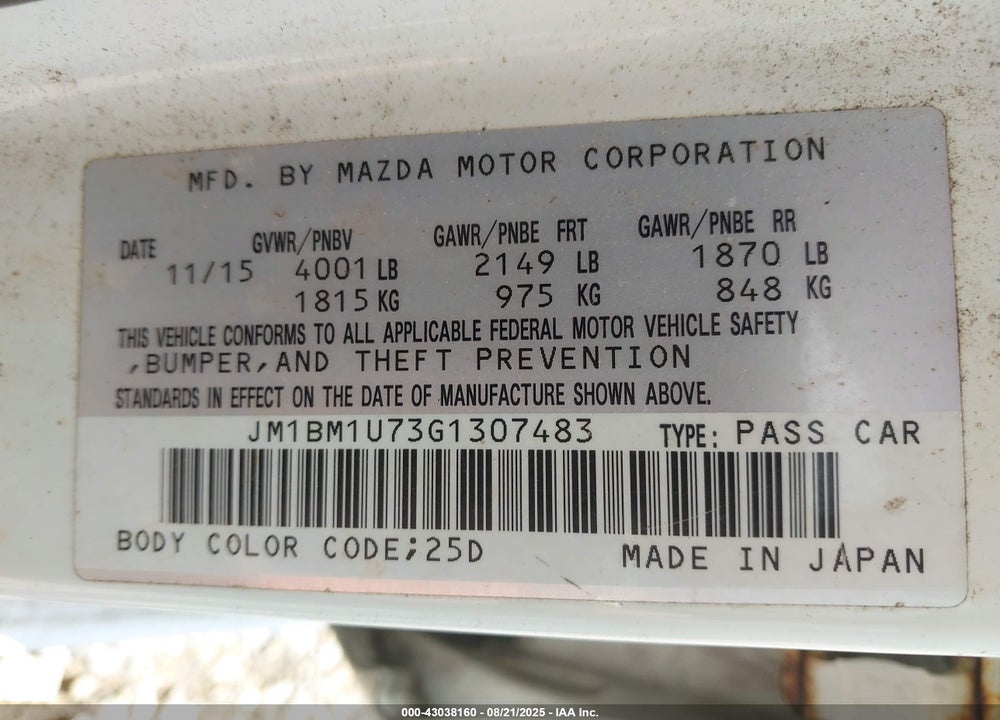 2016 MAZDA 3 I SPORT VIN: JM1BM1U73G1307483