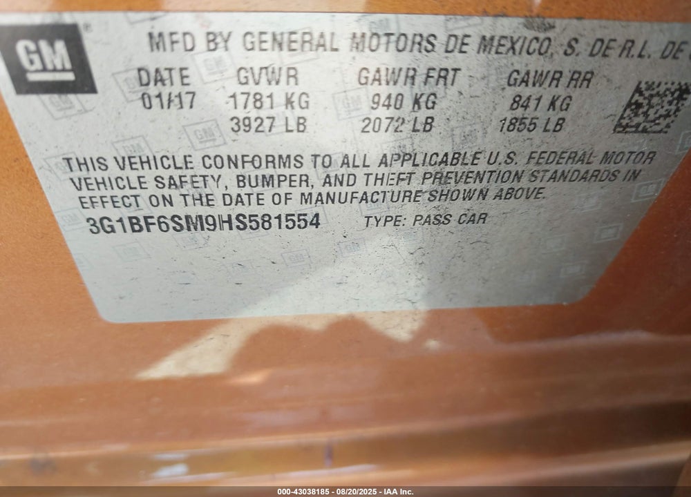 2017 CHEVROLET CRUZE VIN: 3G1BF6SM9HS581554