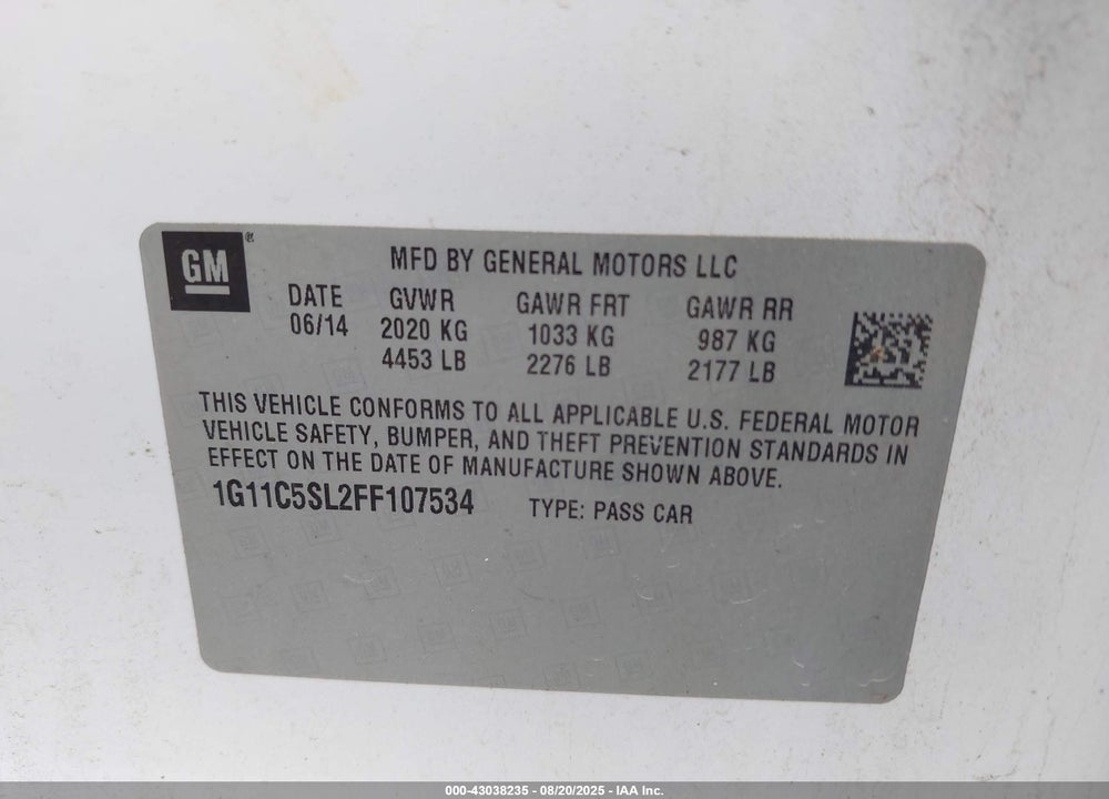 2015 CHEVROLET MALIBU VIN: 1G11C5SL2FF107534