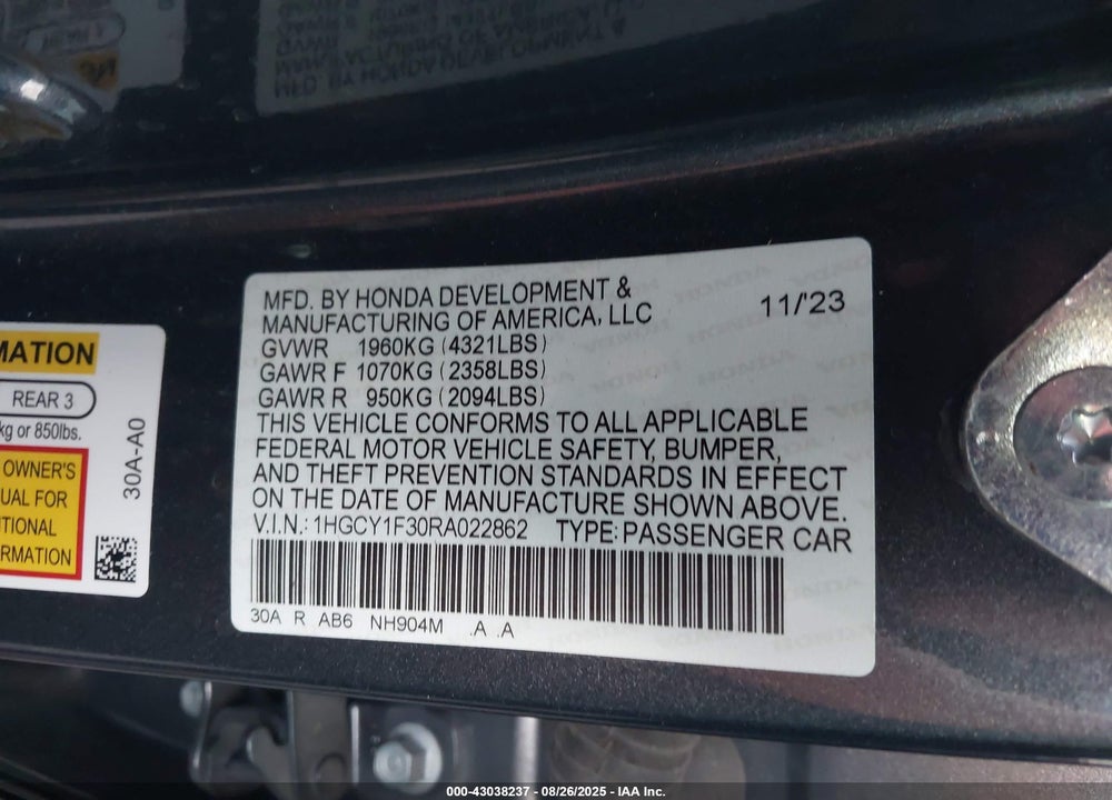 2024 HONDA ACCORD EX VIN: 1HGCY1F30RA022862
