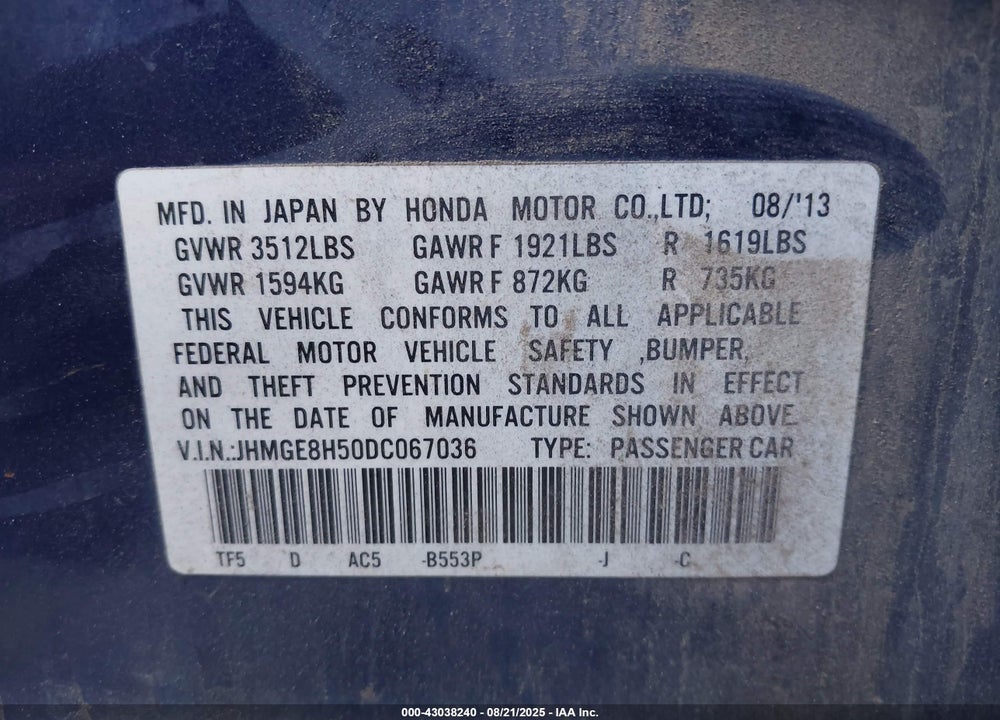 2013 HONDA FIT VIN: JHMGE8H50DC067036