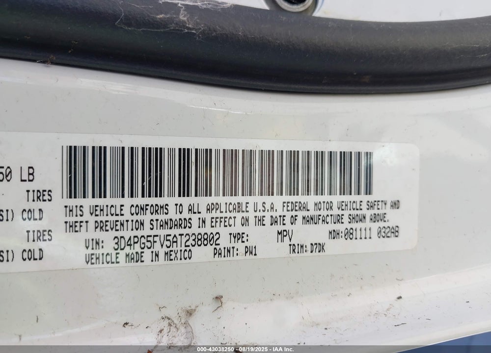 2010 DODGE JOURNEY SXT VIN: 3D4PG5FV5AT238802