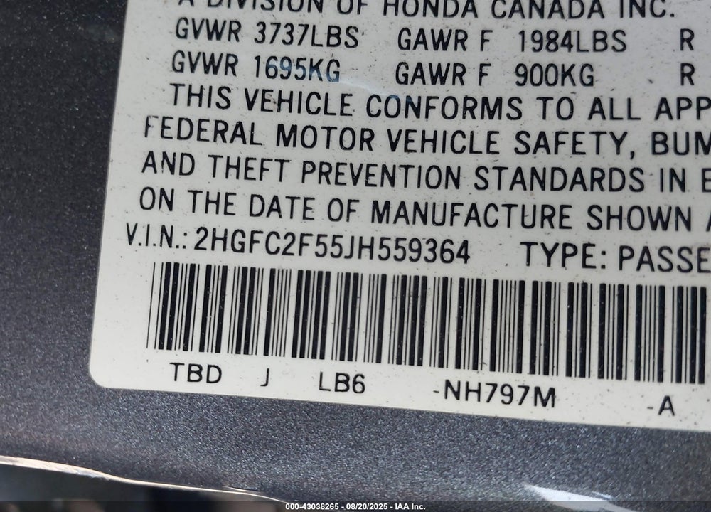 2018 HONDA CIVIC LX VIN: 2HGFC2F55JH559364