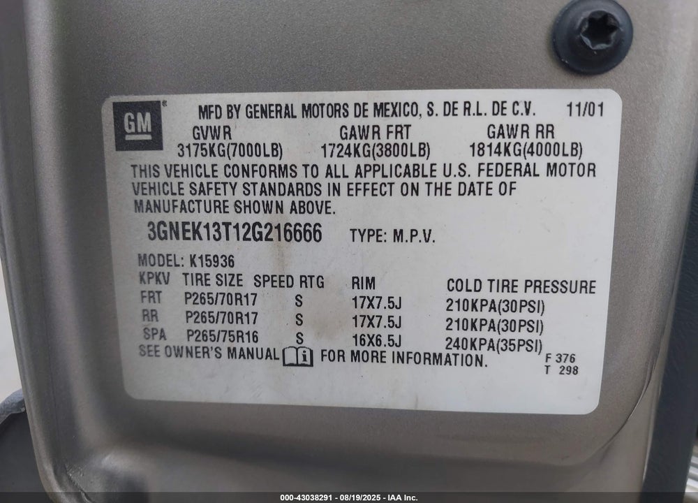 2002 CHEVROLET AVALANCHE 1500 VIN: 3GNEK13T12G216666