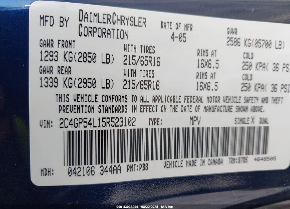 2005 CHRYSLER TOWN & COUNTRY TOURING VIN: 2C4GP54L15R523102