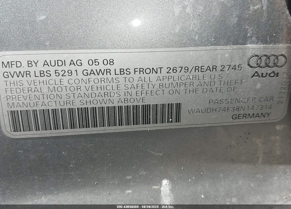 2008 AUDI A6 VIN: WAUDH74F38N147314