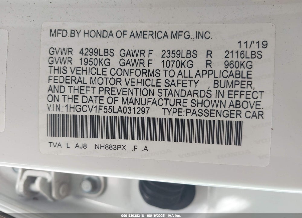 2020 HONDA ACCORD EX-L VIN: 1HGCV1F55LA031297