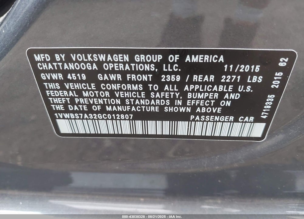 2016 VOLKSWAGEN PASSAT VIN: 1VWBS7A32GC012807