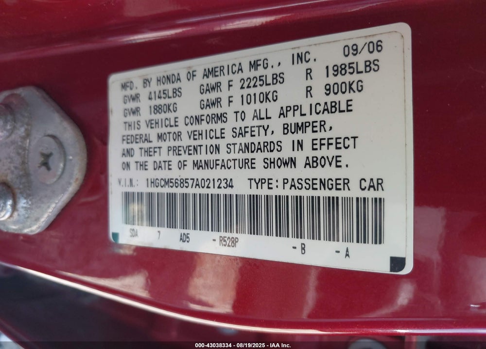 2007 HONDA ACCORD VIN: 1HGCM56857A021234