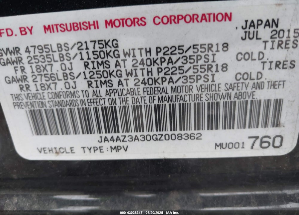 2016 MITSUBISHI OUTLANDER VIN: JA4AZ3A30GZ008362