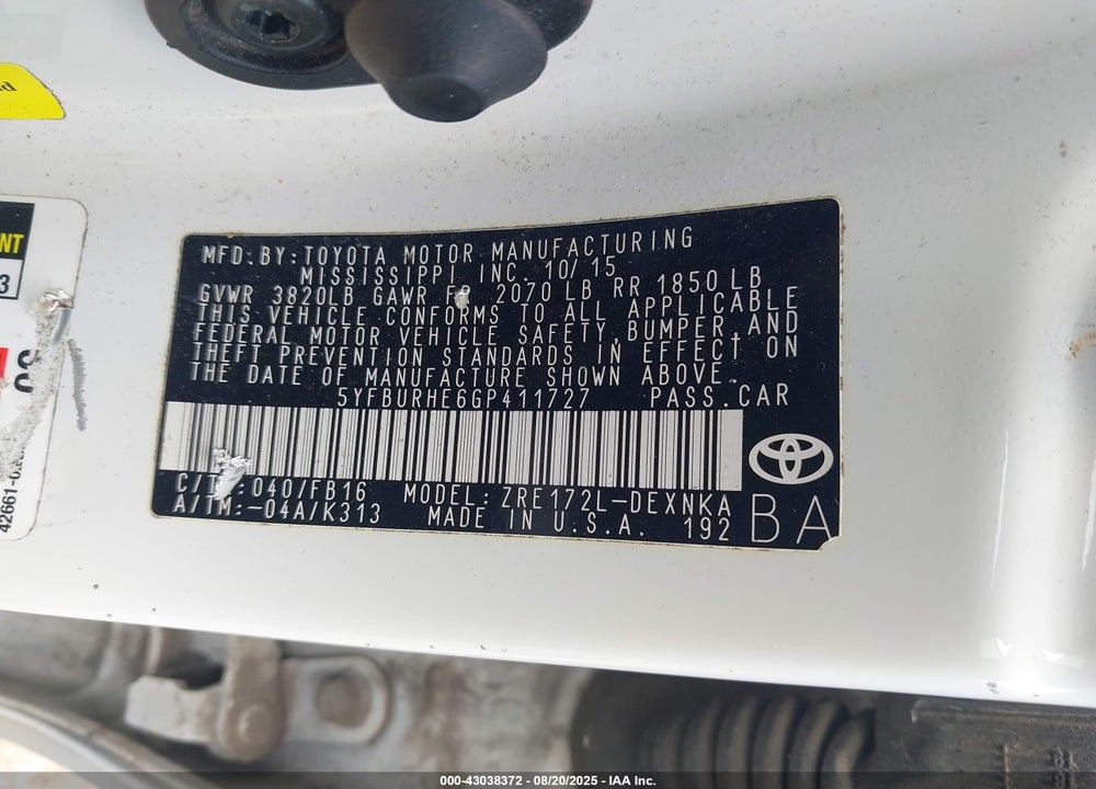 2016 TOYOTA COROLLA VIN: 5YFBURHE6GP411727
