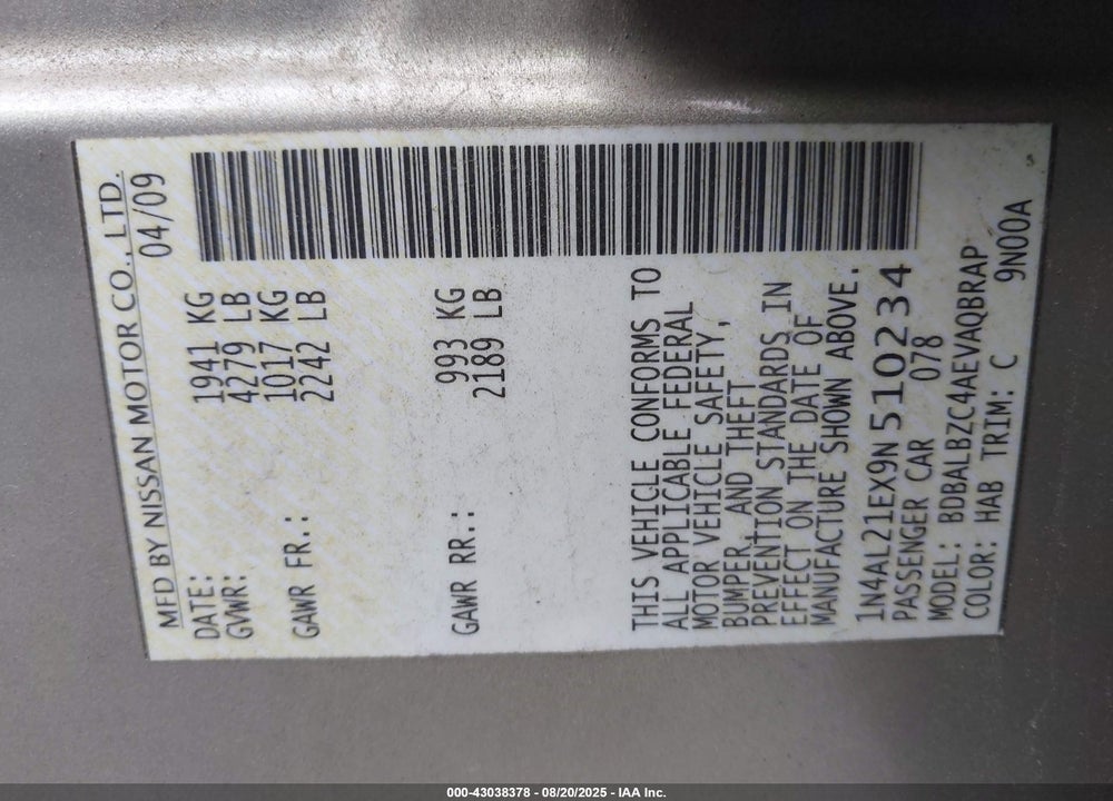 2009 NISSAN ALTIMA 2.5 S VIN: 1N4AL21EX9N510234
