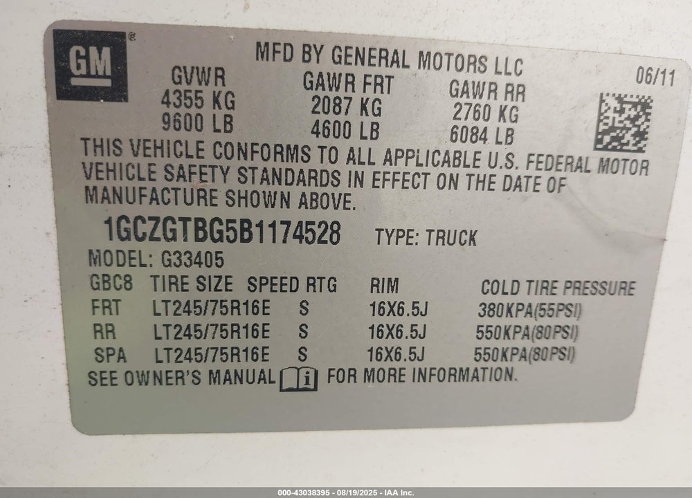 2011 CHEVROLET EXPRESS 3500 WORK VAN VIN: 1GCZGTBG5B1174528