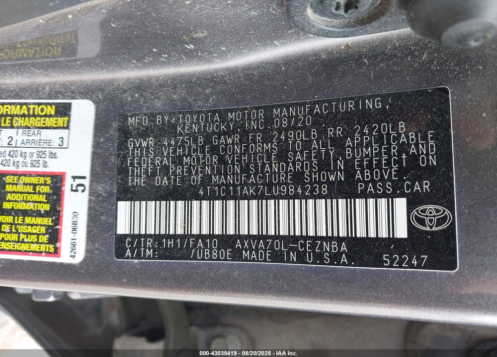2020 TOYOTA CAMRY VIN: 4T1C11AK7LU984238