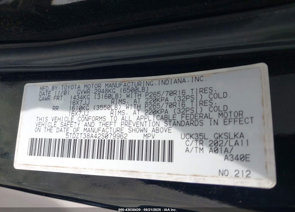 2002 TOYOTA SEQUOIA LIMITED V8 VIN: 5TDZT38A42S079962