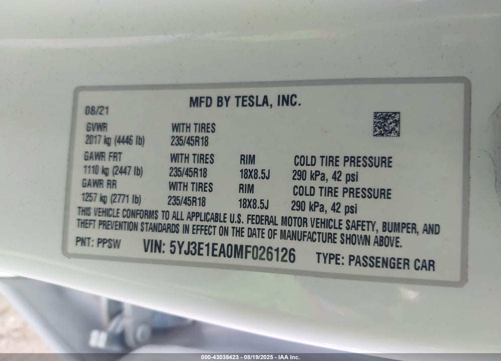 2021 TESLA MODEL 3 VIN: 5YJ3E1EA0MF026126