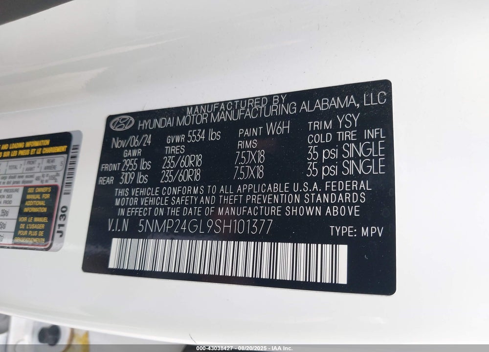 2025 HYUNDAI SANTA FE VIN: 5NMP24GL9SH101377