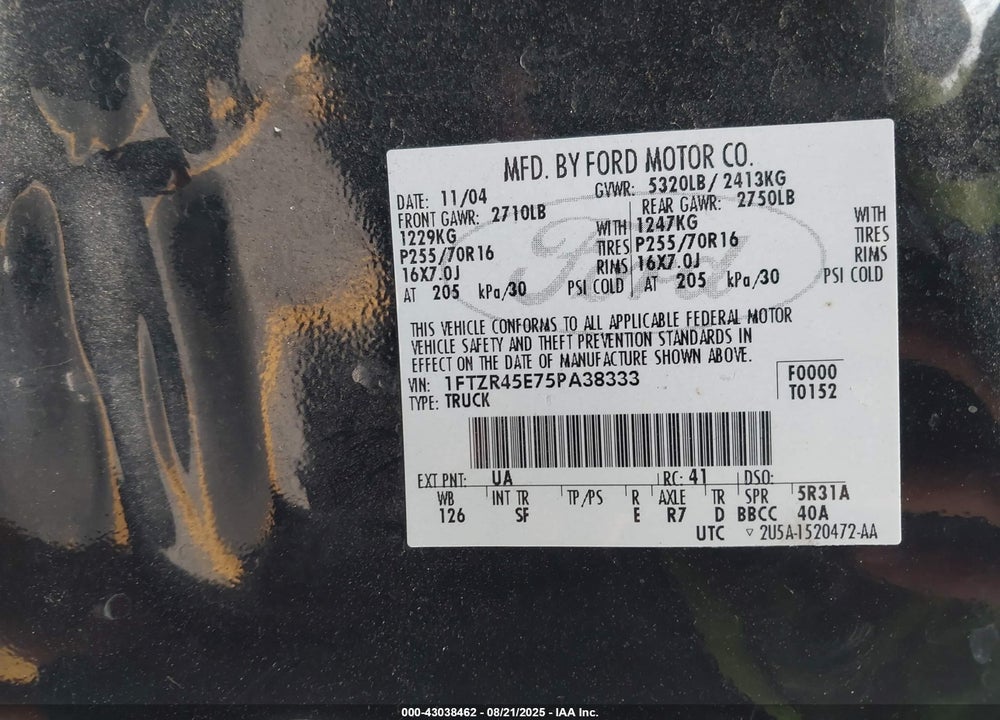 2005 FORD RANGER EDGE/FX4 LEVEL II/FX4 OFF-ROAD/XLT VIN: 1FTZR45E75PA38333