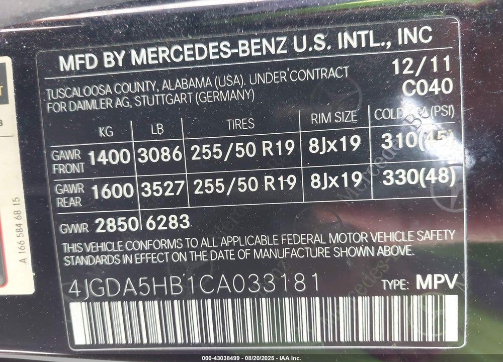 2012 MERCEDES-BENZ ML 350 4MATIC VIN: 4JGDA5HB1CA033181