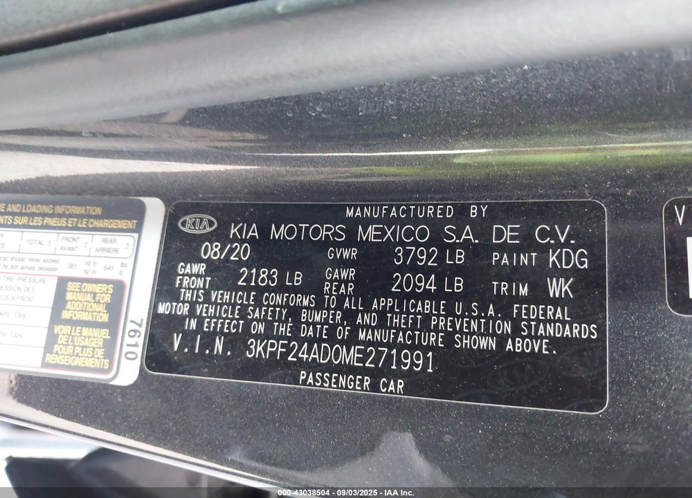 2021 KIA FORTE LXS VIN: 3KPF24AD0ME271991