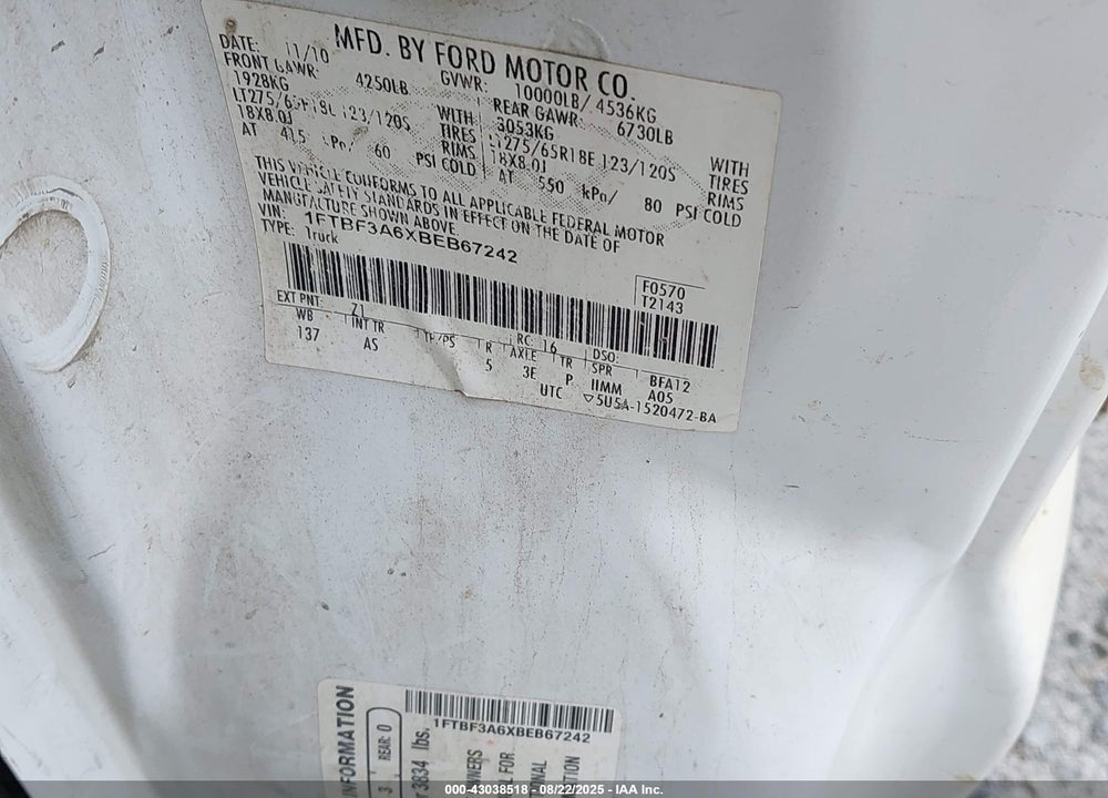 2011 FORD F-350 XL VIN: 1FTBF3A6XBEB67242