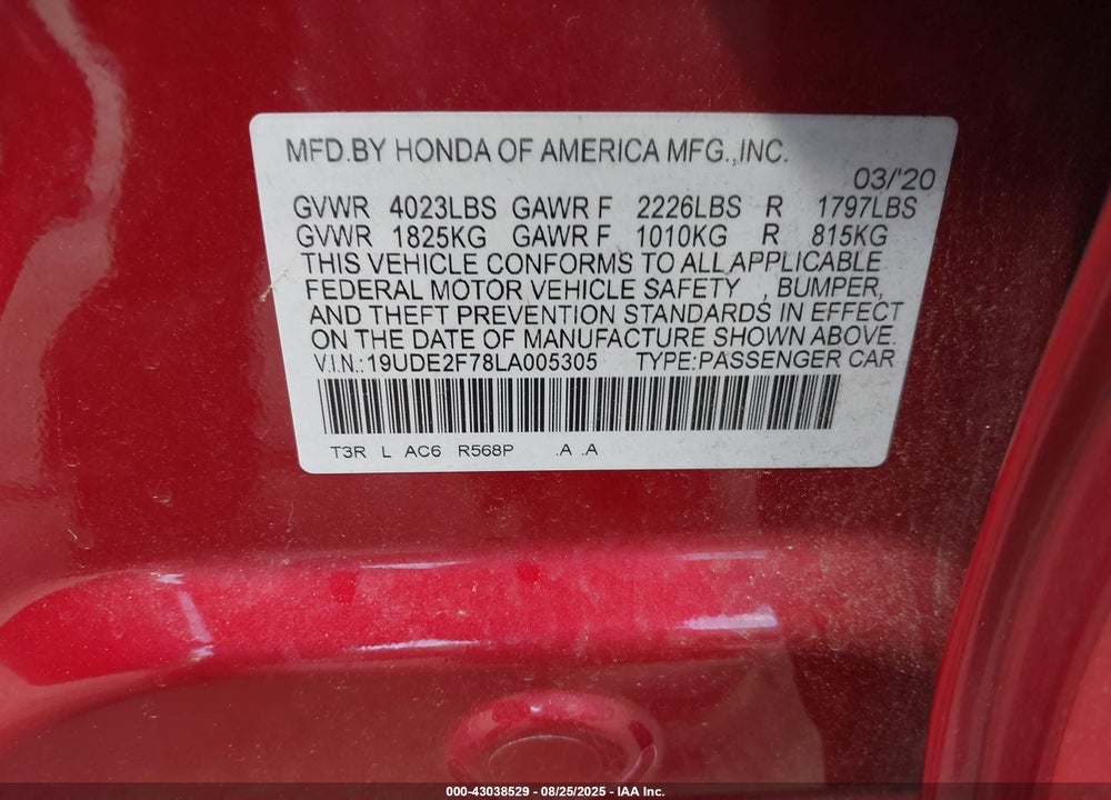 2020 ACURA ILX VIN: 19UDE2F78LA005305