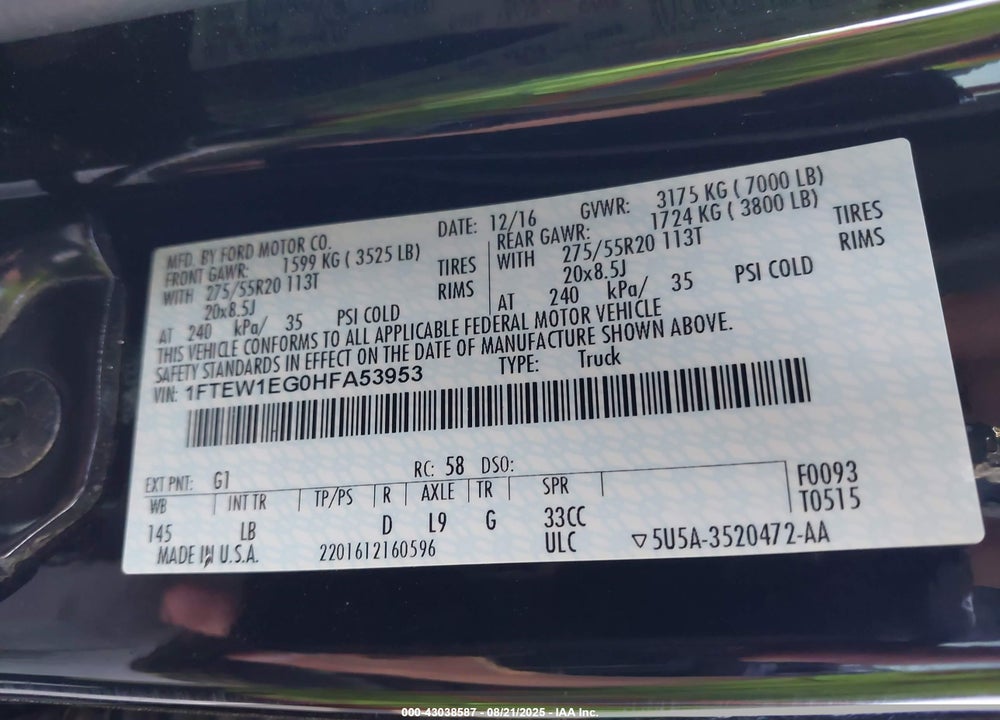 2017 FORD F-150 VIN: 1FTEW1EG0HFA53953
