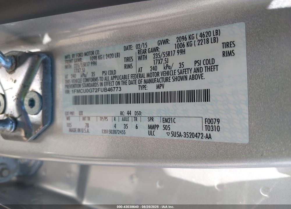 2015 FORD ESCAPE SE VIN: 1FMCU0G72FUB46773