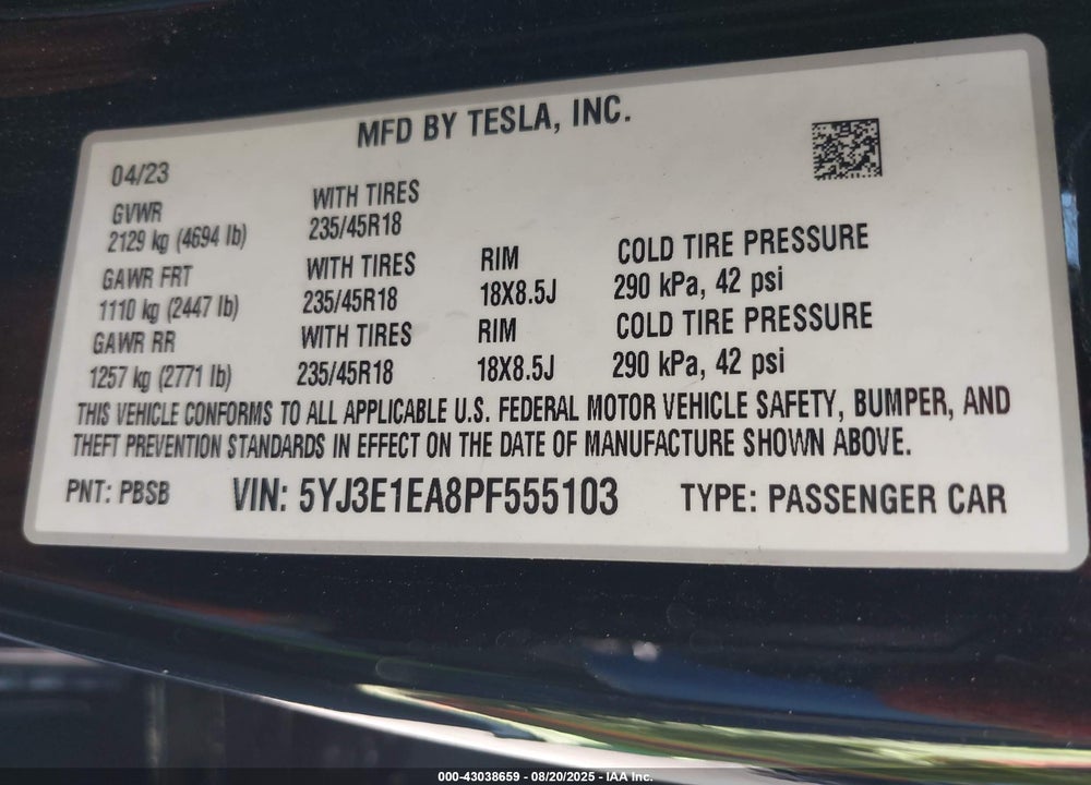 2023 TESLA MODEL 3 VIN: 5YJ3E1EA8PF555103
