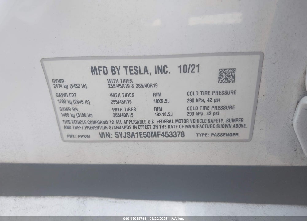 2021 TESLA MODEL S VIN: 5YJSA1E50MF453378