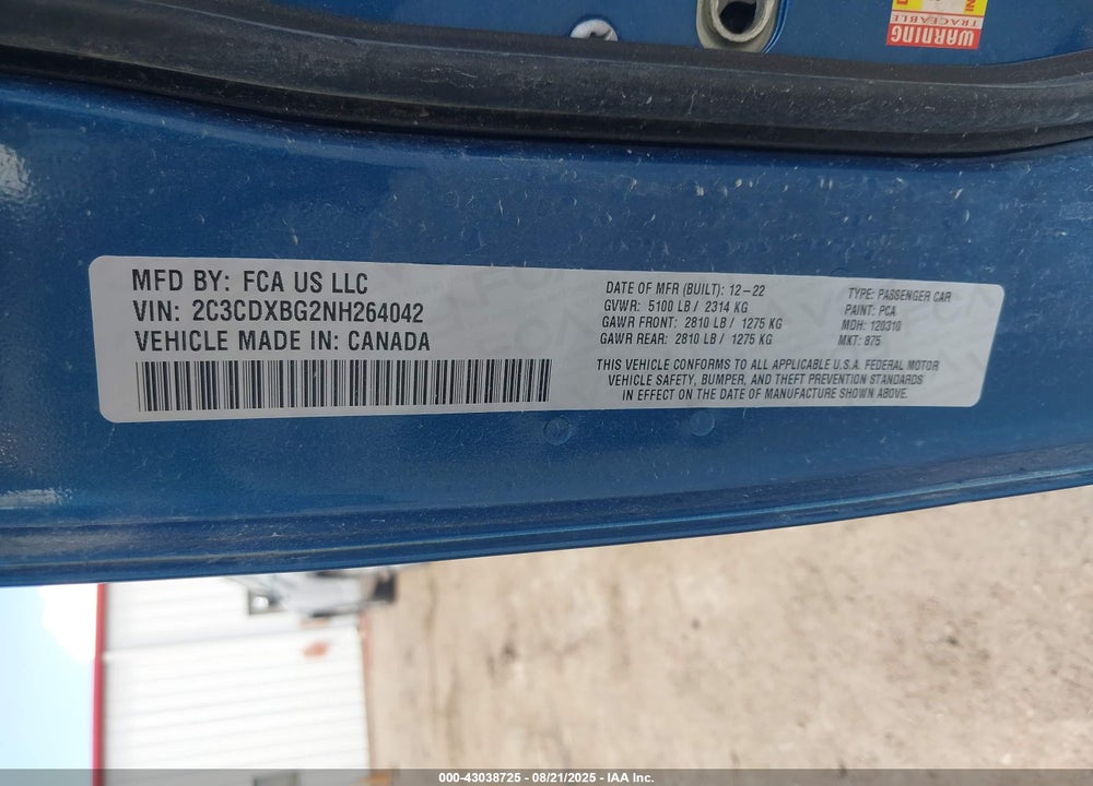 2022 DODGE CHARGER SXT RWD VIN: 2C3CDXBG2NH264042