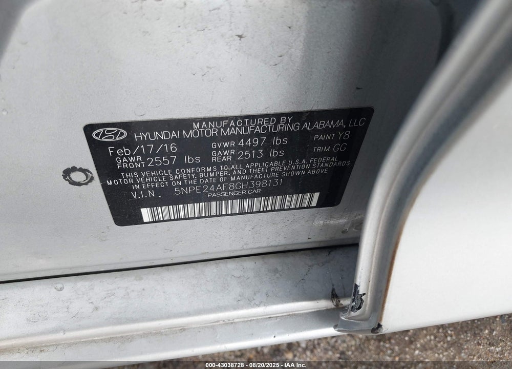 2016 HYUNDAI SONATA VIN: 5NPE24AF8GH398131