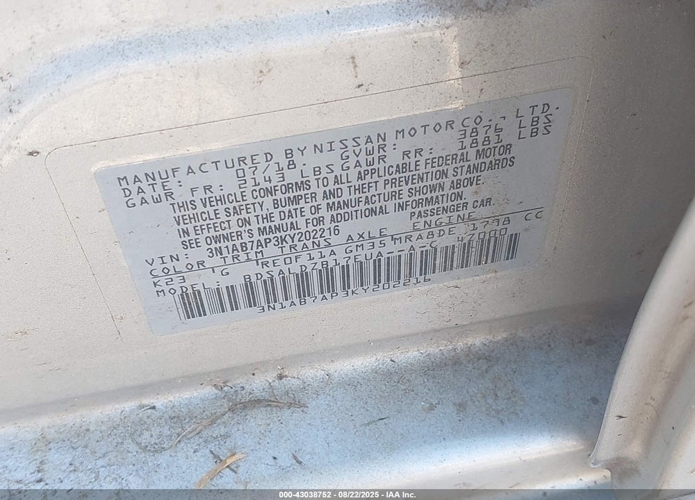 2019 NISSAN SENTRA SV VIN: 3N1AB7AP3KY202216
