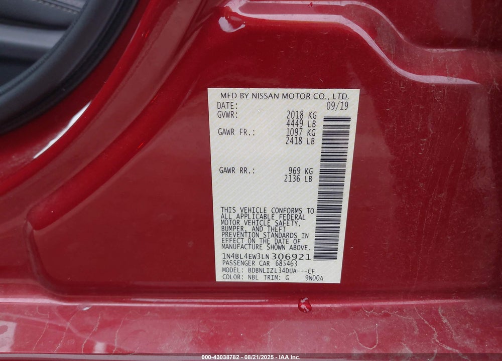 2020 NISSAN ALTIMA VIN: 1N4BL4EW3LN306921