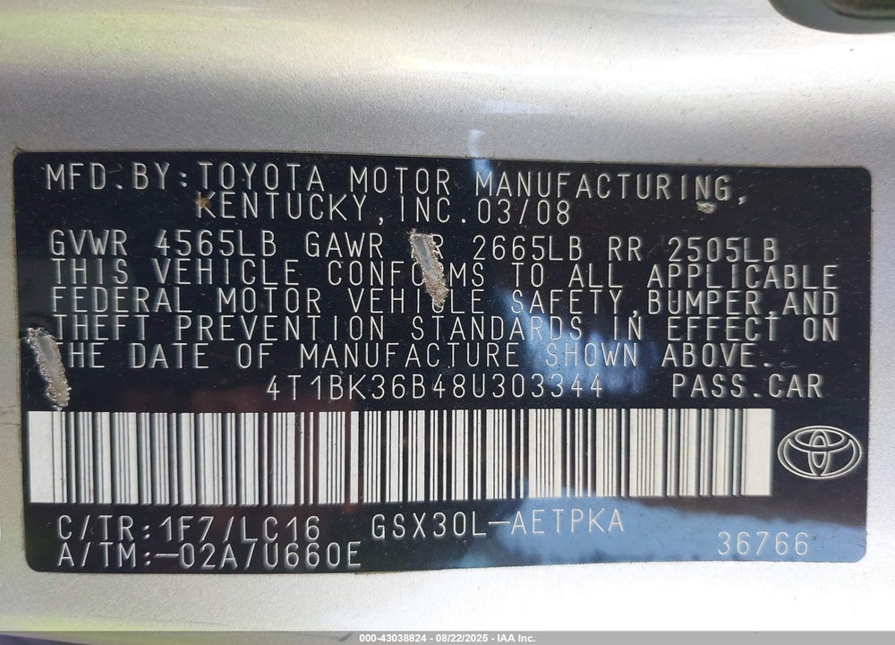 2008 TOYOTA AVALON VIN: 4T1BK36B48U303344