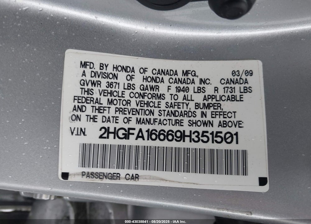 2009 HONDA CIVIC VIN: 2HGFA16669H351501