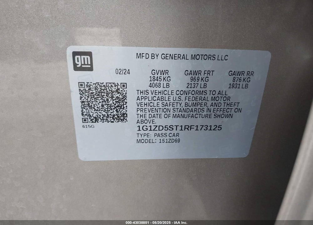 2024 CHEVROLET MALIBU VIN: 1G1ZD5ST1RF173125