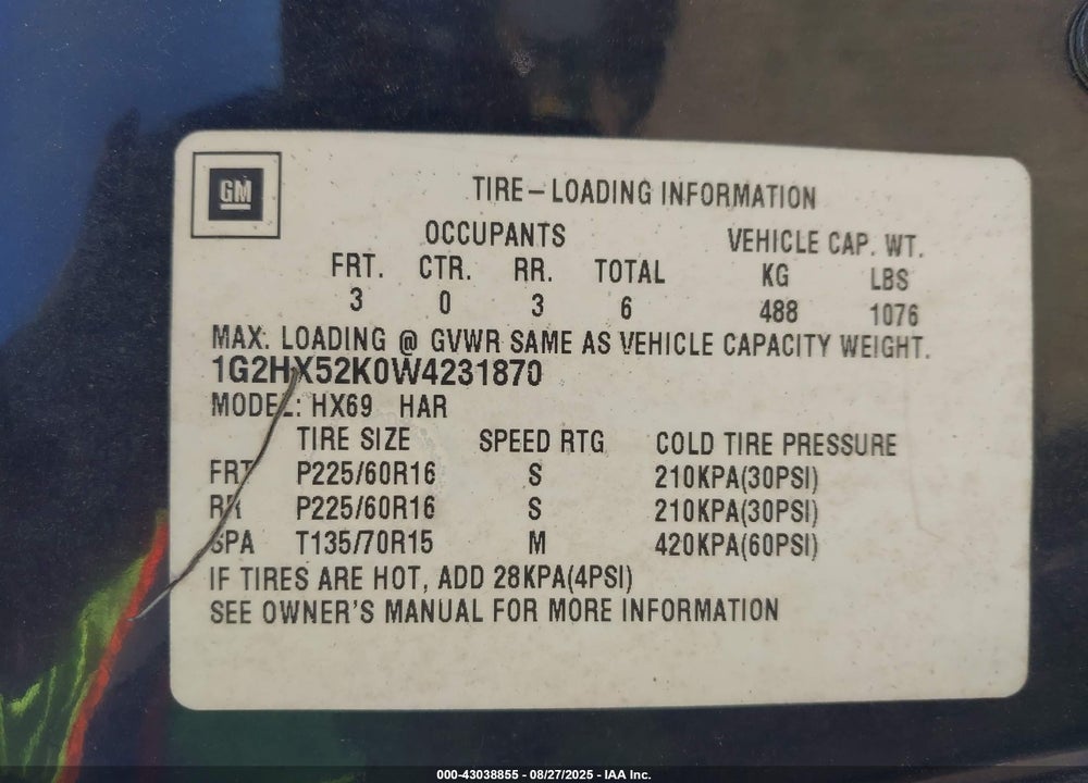 1998 PONTIAC BONNEVILLE SE VIN: 1G2HX52K0W4231870