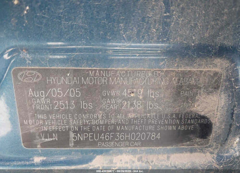 2006 HYUNDAI SONATA GLS V6/LX V6 VIN: 5NPEU46F36H020784