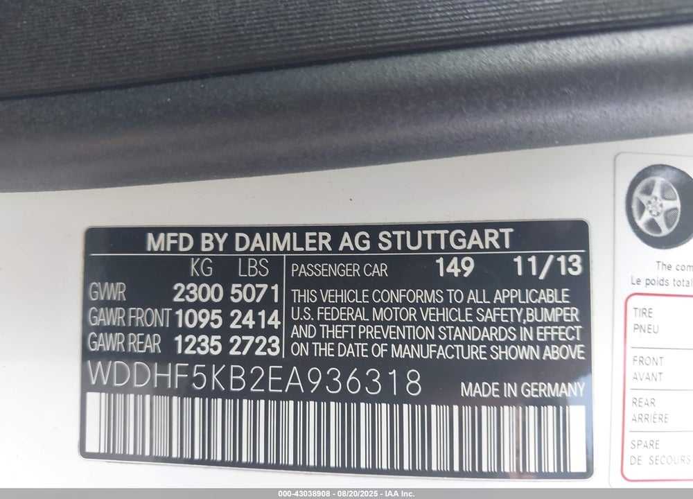 2014 MERCEDES-BENZ E-CLASS VIN: WDDHF5KB2EA936318