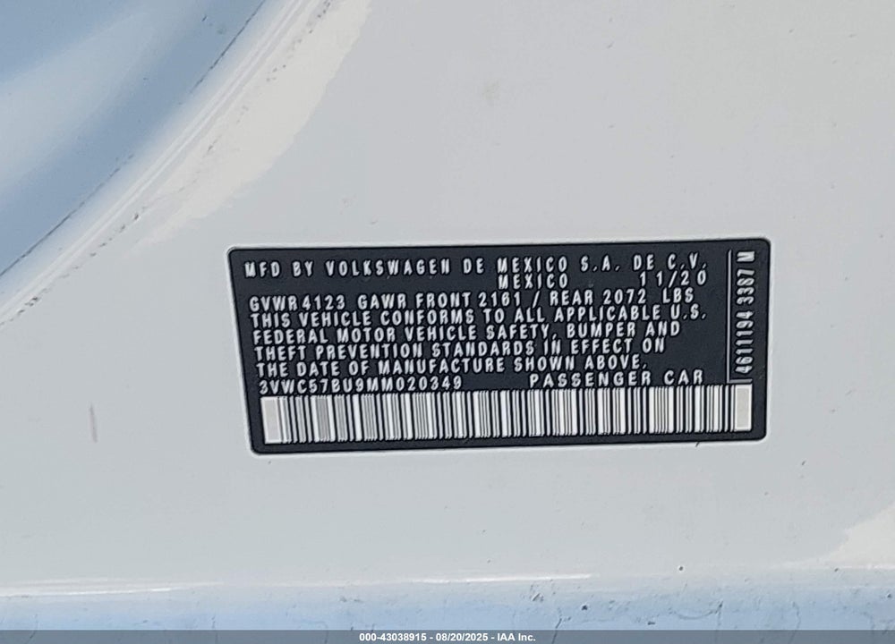 2021 VOLKSWAGEN JETTA VIN: 3VWC57BU9MM020349