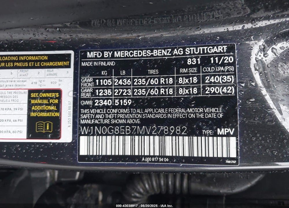 2021 MERCEDES-BENZ GLC CLASS VIN: W1N0G8EB7MV278982