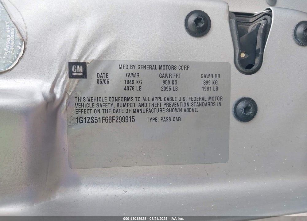 2006 CHEVROLET MALIBU LS VIN: 1G1ZS51F66F299915