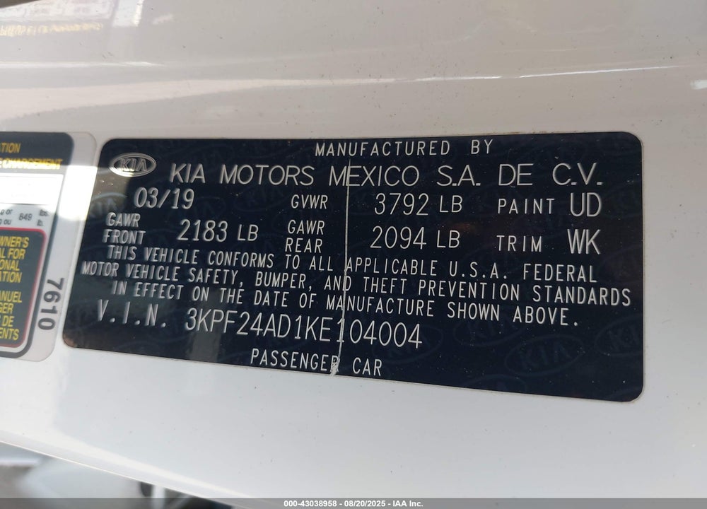 2019 KIA FORTE VIN: 3KPF24AD1KE104004