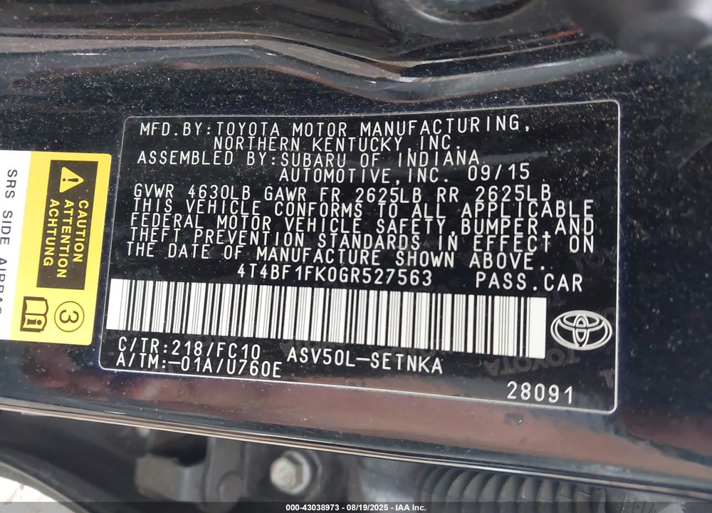 2016 TOYOTA CAMRY VIN: 4T4BF1FK0GR527563