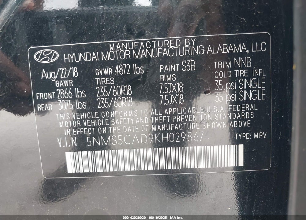 2019 HYUNDAI SANTA FE VIN: 5NMS5CAD9KH029867